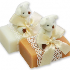 Schafmilchseife eckig 100g, dekoriert mit Teddy, Classic/Quitte 