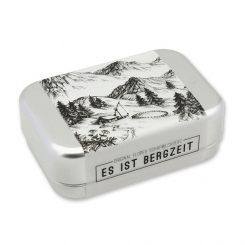 Schafmilchseife eckig 100g verpackt in der Dose "Es ist Bergzeit", Zirbe 