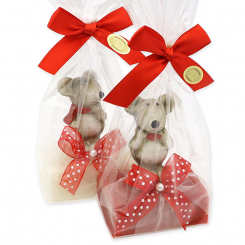 Schafmilchseife eckig 100g, dekoriert mit Maus in Cello, Classic/Granatapfel 