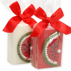 Sheep milk soap 100g, decorated with a crochet watermelon in a cellophane, Classic/pomegranate 