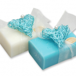 Schafmilchseife eckig 100g, dekoriert mit Drahtherz, Classic/Kornblume 