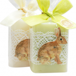 Schafmilchseife eckig 100g dekoriert mit Hase in Cello, Classic/Wiesenblume 