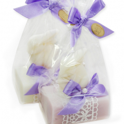 Schafmilchseife eckig 100g dekoriert mit Seife Zwerghase 40g in Cello, Classic/Flieder 