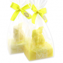 Schafmilchseife eckig 100g dekoriert mit Seife Zwerghase 40g in Cello, Classic/Grapefruit 