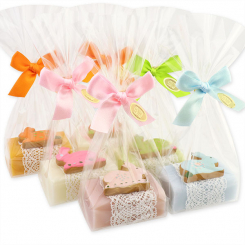 Schafmilchseife eckig 100g dekoriert mit Kekshase in Cello, sortiert 