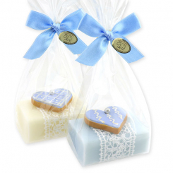 Schafmilchseife eckig 100g, dekoriert mit Keksherz in Cello, Classic/Vergissmeinnicht 