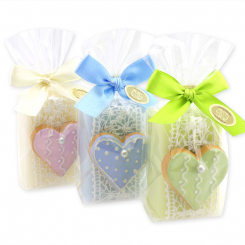 Schafmilchseife eckig 100g, dekoriert mit Deko Keksherz in Cello, sortiert 
