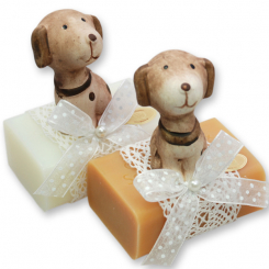Schafmilchseife eckig 100g, dekoriert mit Hund,  Classic/Quitte 