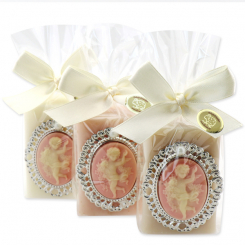 Sheep milk soap 100g decorated with a medaillon with an angel in a cellophane, sorted 