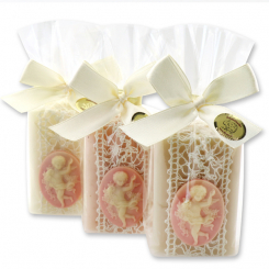 Sheep milk soap 100g decorated with a medaillon with an angel in a cellophane, sorted 