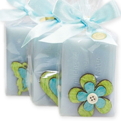 Schafmilchseife eckig 100g, dekoriert mit Holzmotiven in Cello, Vergissmeinnicht 