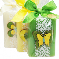 Sheep milk soap 100g decorated with wooden motives in a cellophane, sorted 