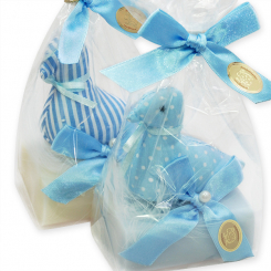 Sheep milk soap 100g, decorated with a duck in a cellophane, Classic/'forget-me-not' 