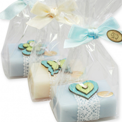 Sheep milk soap 100g, decorated with wooden motives in a cellophane, Classic/'forget-me-not' 