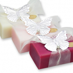 Schafmilchseife eckig 100g dekoriert mit Schmetterling, sortiert 