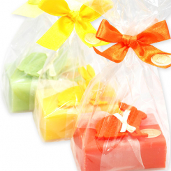 Schafmilchseife eckig 100g dekoriert mit Filzhase in Cello, sortiert 