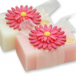 Schafmilchseife eckig 100g, dekoriert mit Margerite zyklam, Classic/Pfingstrose 