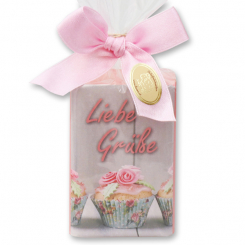 Schafmilchseife eckig 100g in Cello "Liebe Grüße", Pfingstrose 