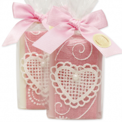Sheep milk soap 100g, decorated with a crochet heart in a cellophane, Classic/magnolia 