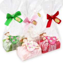 Schafmilchseife eckig 100g dekoriert mit Holzengel bunt in Cello, sortiert 