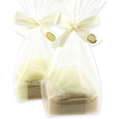 Schafmilchseife eckig 100g dekoriert mit  Puschel in Cello, Classic/Mandelöl 