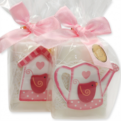 Schafmilchseife eckig 100g, dekoriert mit Holz Motive in Cello, Gardenie 