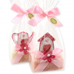 Schafmilchseife eckig 100g, dekoriert mit Holz Motive in Cello, Classic/Pfingstrose 