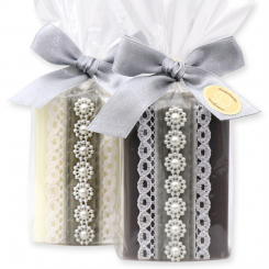 Schafmilchseife eckig 100g dekoriert mit Glitzerband in Cello, Classic/Christrose 
