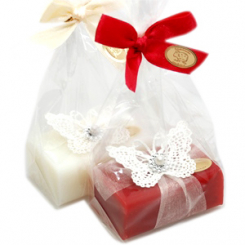 Sheep milk soap 100g, decorated with a crochet butterfly in a cellophane, Classic/pomegranate 