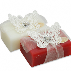Sheep milk soap 100g, decorated with a crochet butterfly, Classic/pomegranate 