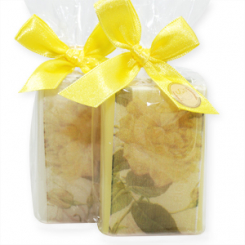 Schafmilchseife eckig 100g, dekoriert mit Dekoband Rose in Cello, Classic/Kamille 