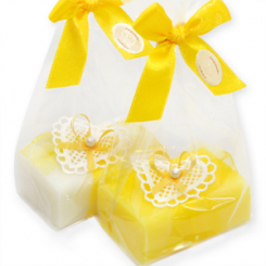 Schafmilchseife eckig 100g, dekoriert mit Herz in Cello, Classic/Frangipani 