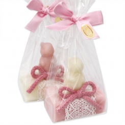 Schafmilchseife eckig 100g dekoriert mit Seife Hase Langohr 23g in Cello, Classic/Japanische Kirsche 