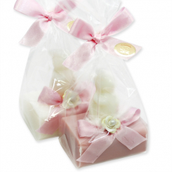 Schafmilchseife eckig 100g dekoriert mit Seife Hase Langohr 23g in Cello, Classic/Japanische Kirsche 