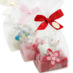 Schafmilchseife eckig 100g dekoriert mit Hase in Cello, sortiert 