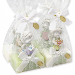 Schafmilchseife eckig 100g dekoriert mit Engel-Igor in Cello, Schneeglöckchen/Wiesenblume 