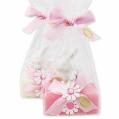 Schafmilchseife eckig 100g dekoriert mit Hase in Cello, Classic/Rose Diana 