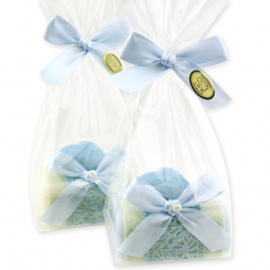 Schafmilchseife eckig 100g, dekoriert mit Herz in Cello, Classic/Vergissmeinnicht 