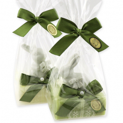 Schafmilchseife eckig 100g dekoriert mit Hase in Cello, Classic/Eisenkraut 