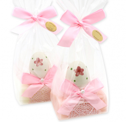 Schafmilchseife eckig 100g dekoriert mit Osterei in Cello, Classic/Pfingstrose 
