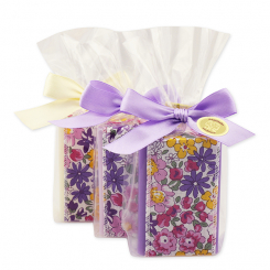 Schafmilchseife eckig 100g dekoriert mit Dekoband  in Cello, sortiert 