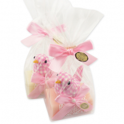 Sheep milk soap 100g decorated with a bird in a cellophane, Classic/peony 