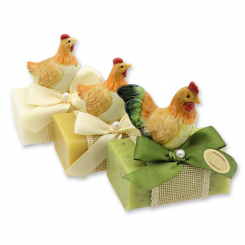 Schafmilchseife eckig 100g dekoriert mit Hahn/Huhn, sortiert 