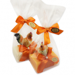 Sheep milk soap 100g decorated with a chicken/rooster in a cellophane, Classic/orange 