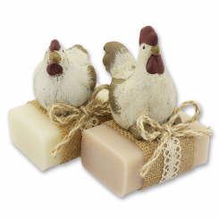 Schafmilchseife eckig 100g dekoriert mit Hahn/Huhn, Classic/Mandelöl 