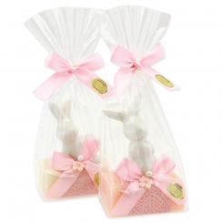 Sheep milk soap 100g decorated with a rabbit in a cellophane, classic/peony 