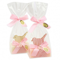 Sheep milk soap 100g decorated with a bird in a cellophane, classic/peony 