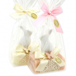 Sheep milk soap 100g decorated with a rabbit in a cellophane bag, Classic/Wild rose 
