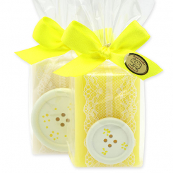 Schafmilchseife eckig 100g dekoriert mit Knopf in Cello, Classic/Grapefruit 