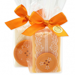 Schafmilchseife eckig 100g dekoriert mit Knopf in Cello, Classic/Orange 